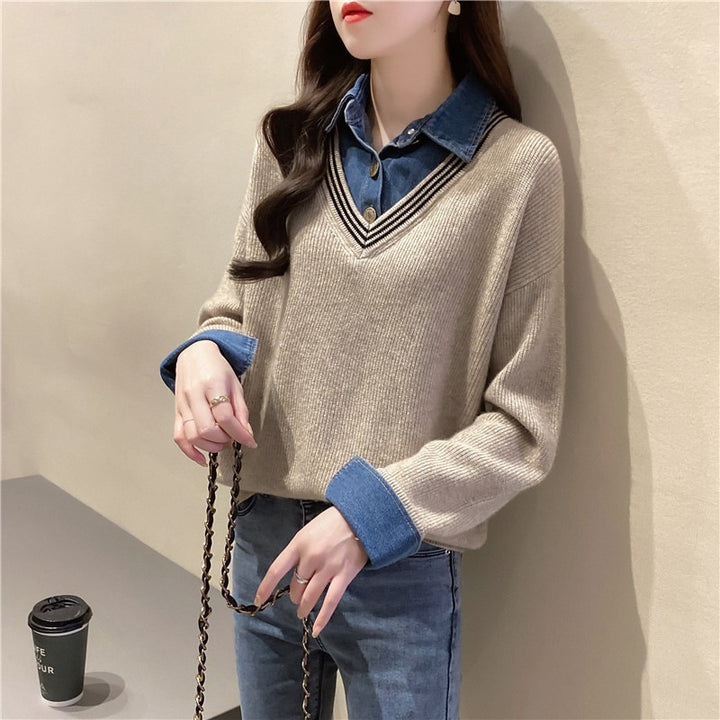 Women's V-neck sweater with denim details Lune London
