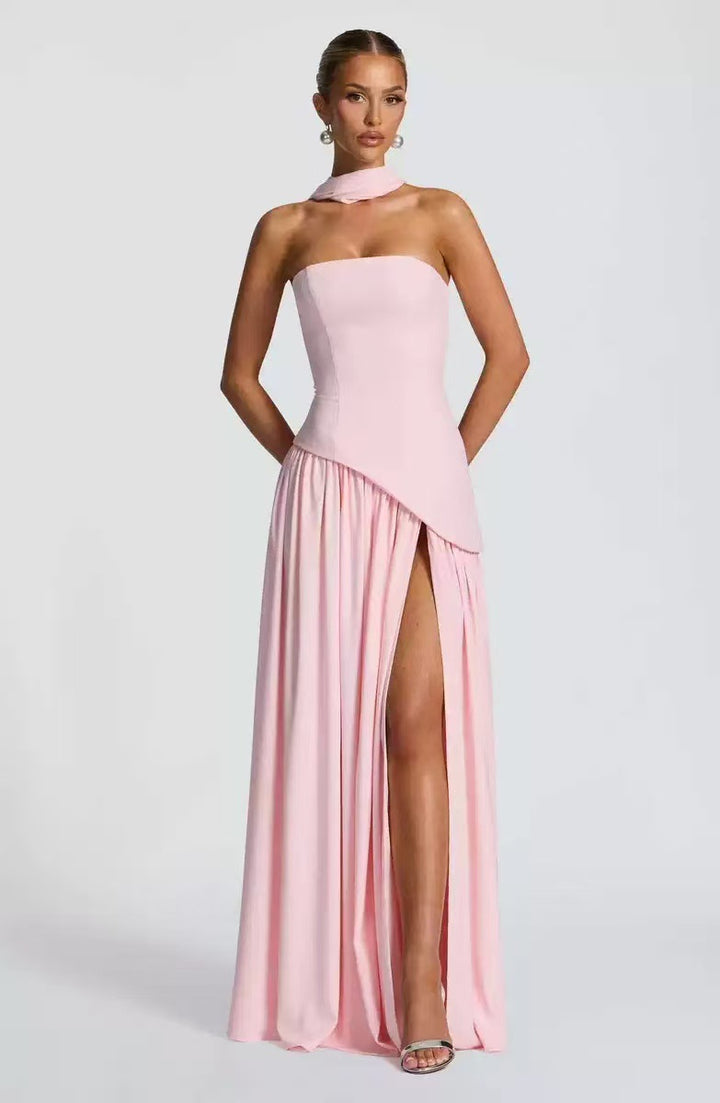 Ladies Floor-Length Maxi Dress with Shoulder-Free Design and Elegant Slit