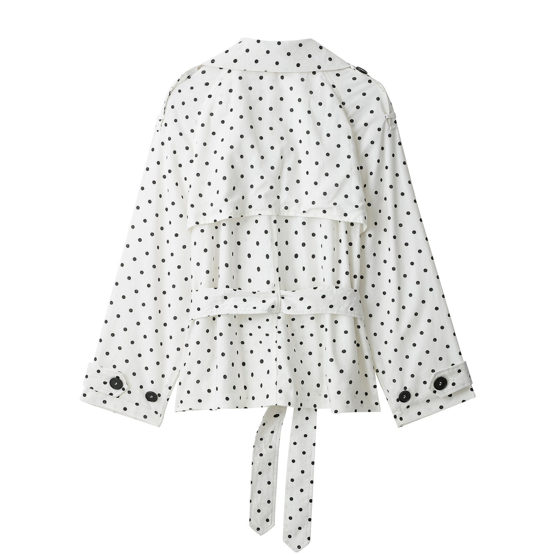 Women Polka Dot Cropped Trench Coat with Waist Belt and Double-Breasted Button Placket Amarae
