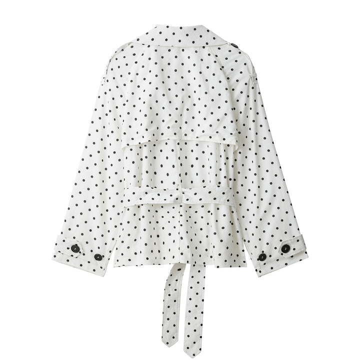 Women Polka Dot Cropped Trench Coat with Waist Belt and Double-Breasted Button Placket Amarae