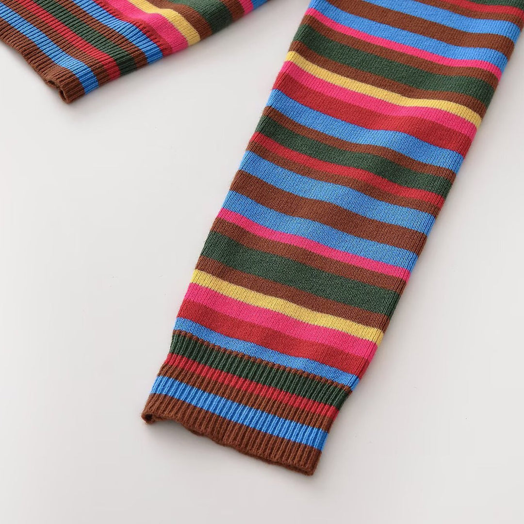 Women's finely knitted round neck cardigan with colorful stripes and mother-of-pearl buttons Amarae