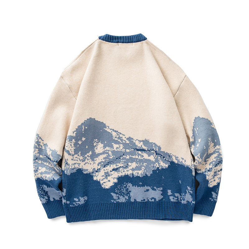 Unisex Oversized knit sweater with mountain jacquard and ribbed round neckline Amarae