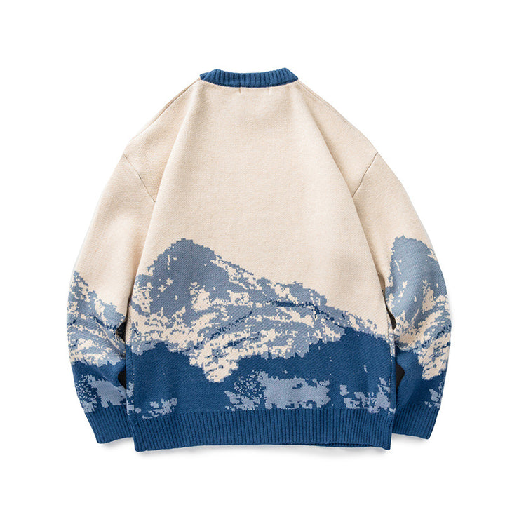 Unisex Oversized knit sweater with mountain jacquard and ribbed round neckline Amarae