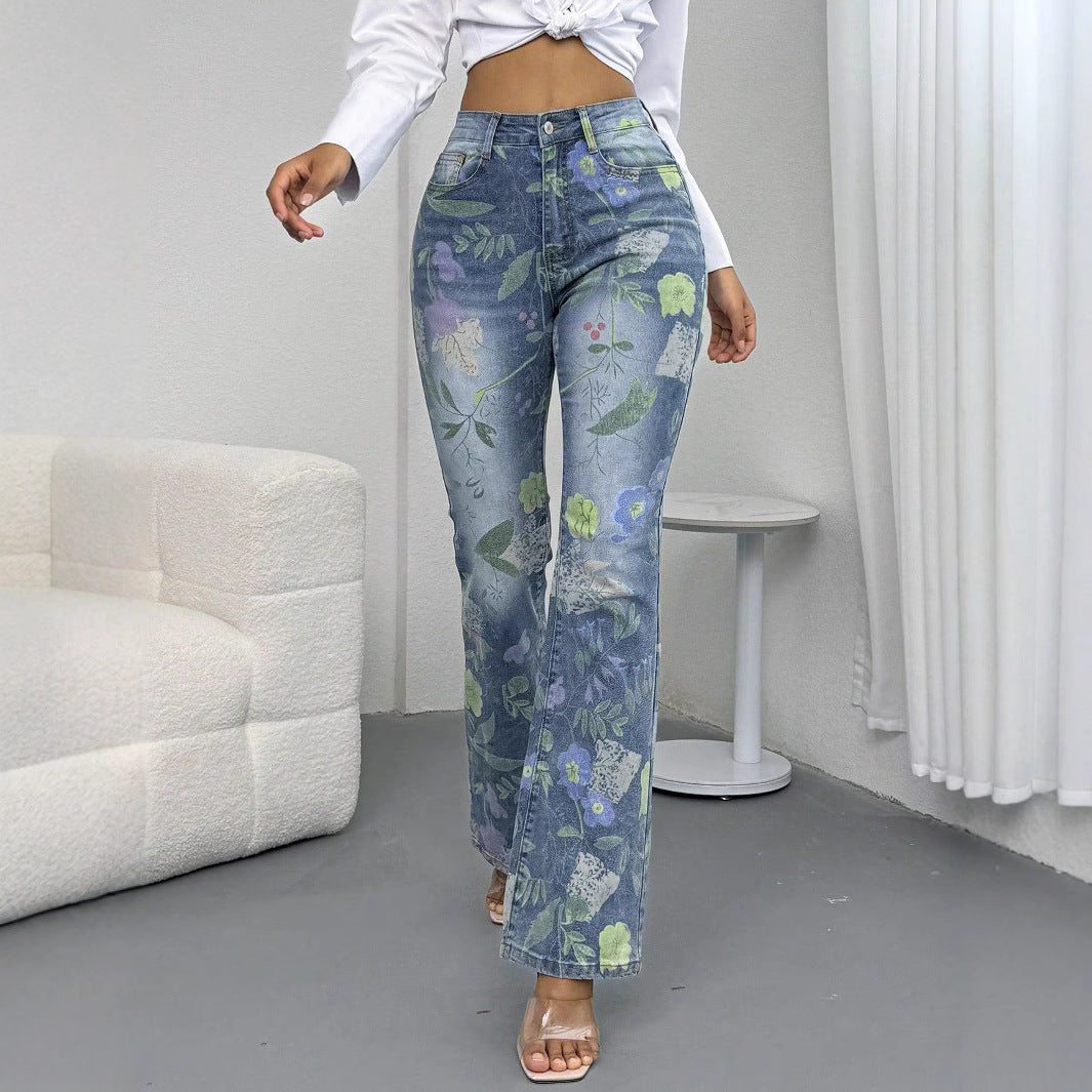 Women's High-Waisted Floral Print Denim Jeans in Light Flared-Straight Cut Amarae