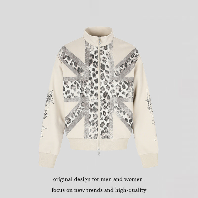 Women's Zip Sweat Jacket with Stand-Up Collar and Leopard Union Jack Print Amarae