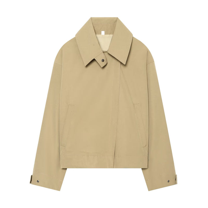 Women's Cropped Transitional Jacket with Wide Kent Collar and Concealed Button Placket Amarae