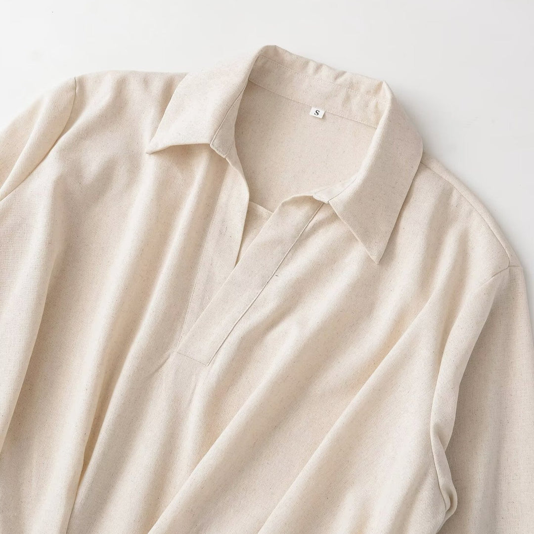 Women's Oversized Linen Blouse with Open V-Neck and Gathered Hem Amarae