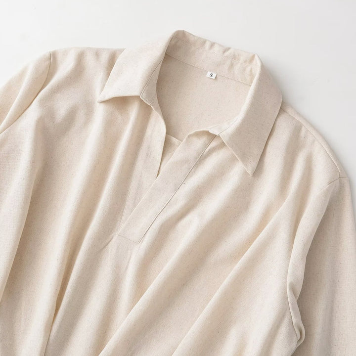 Women's Oversized Linen Blouse with Open V-Neck and Gathered Hem Amarae