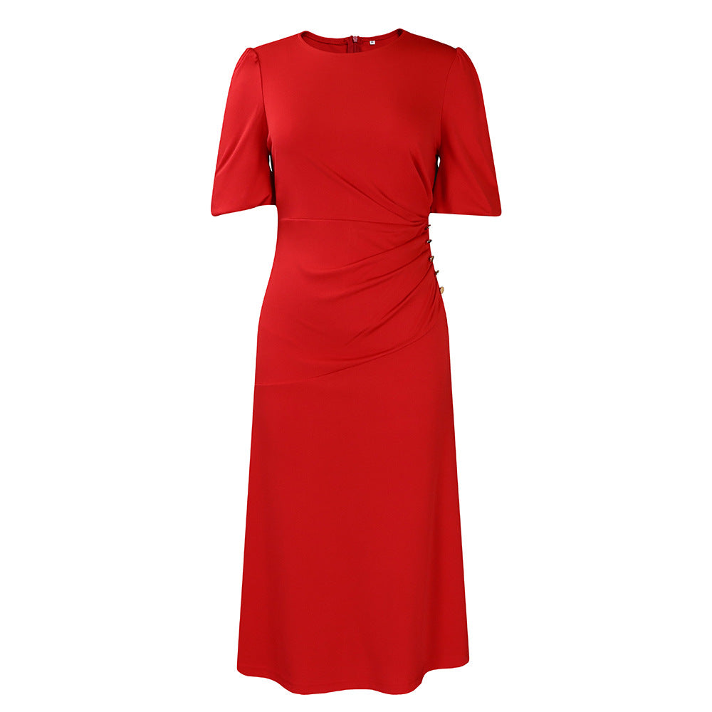 Midi dress for women with elegant ruching and decorative button details Lune London