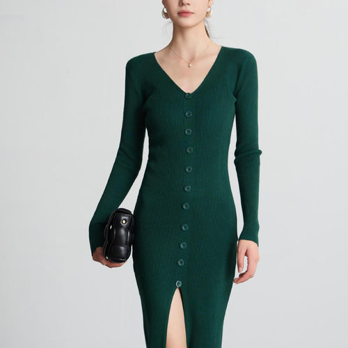 Robe en maille pour femme avec décolleté en V et boutonnage continu Chic & Stil