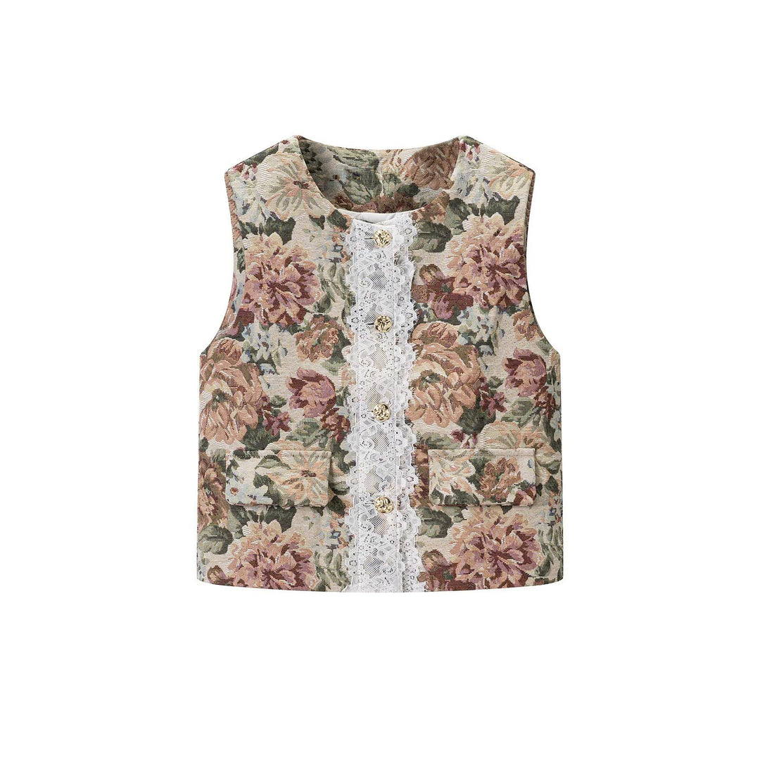Women's elegant brocade waistcoat with floral jacquard texture, decorative buttons, and lace trim Amarae