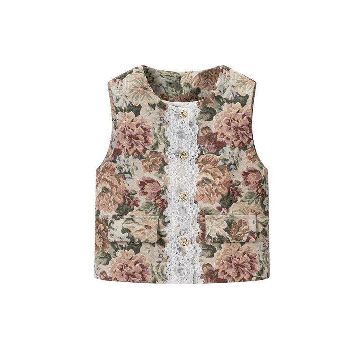 Women's elegant brocade waistcoat with floral jacquard texture, decorative buttons, and lace trim Amarae