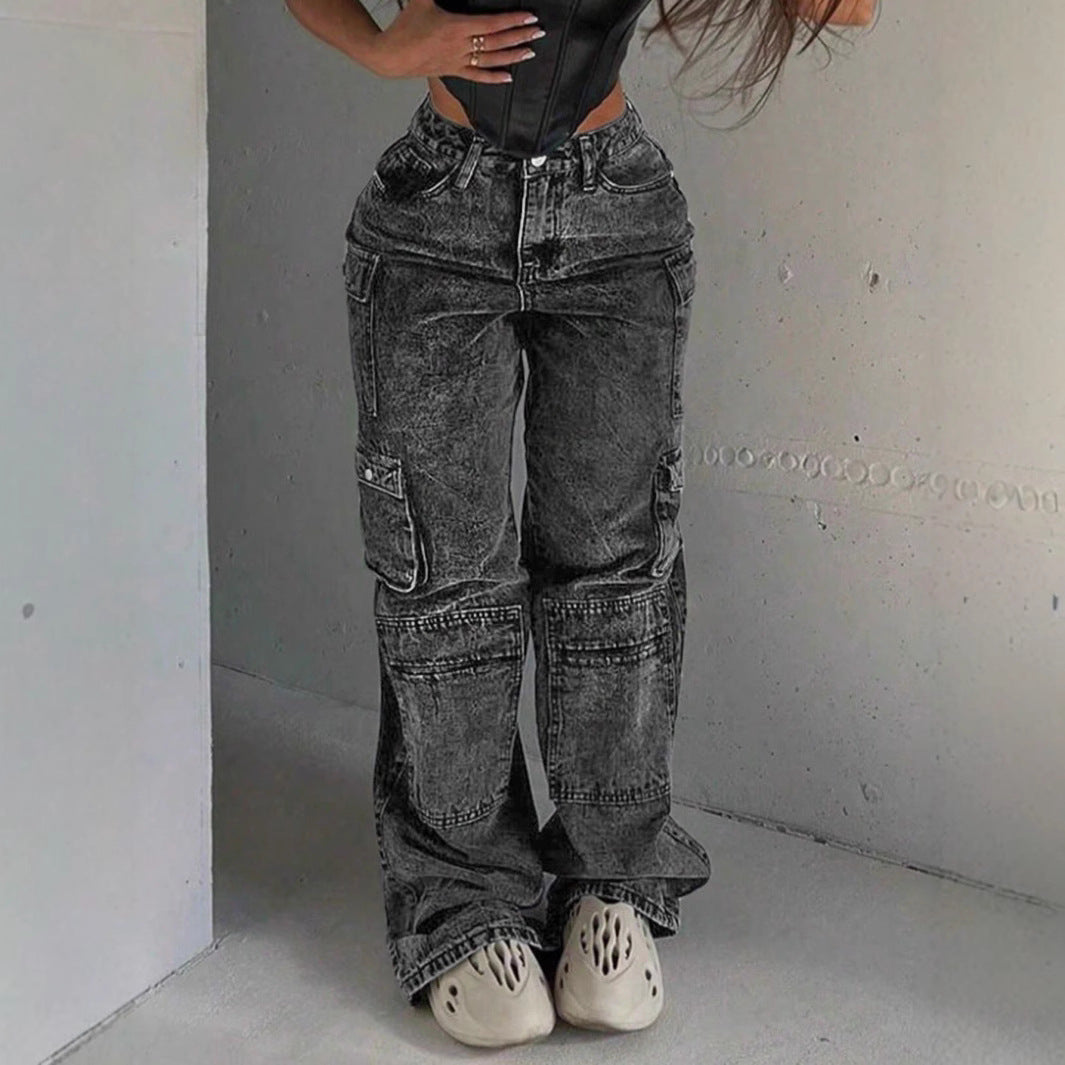 Women's Cargo Denim Pants with High Waist, Loose Baggy Cut and Functional Flap Pockets Amarae