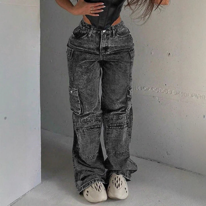 Women's Cargo Denim Pants with High Waist, Loose Baggy Cut and Functional Flap Pockets Amarae