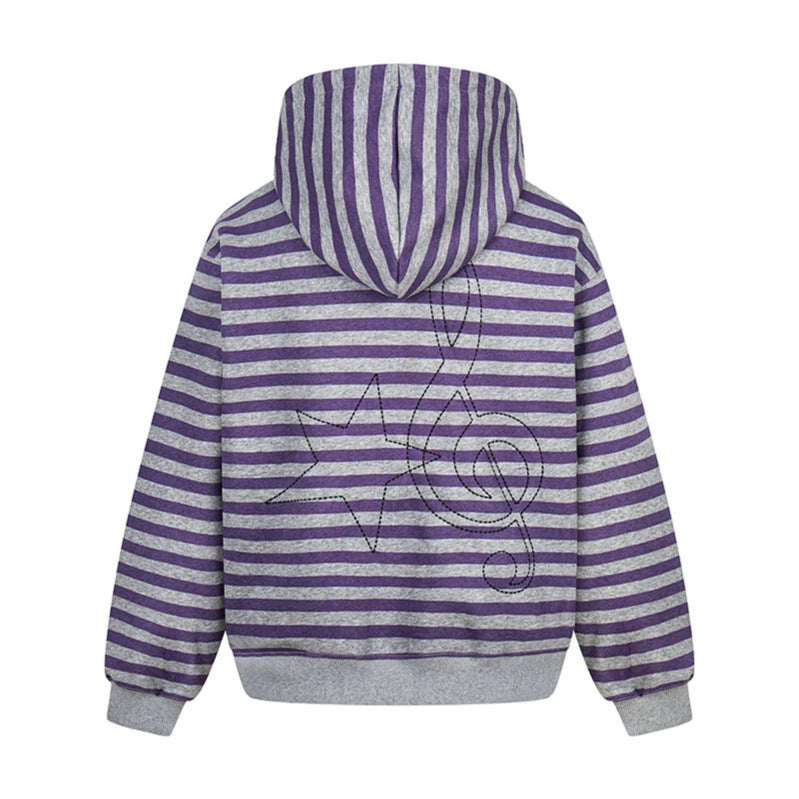 Women's oversized striped hooded sweatshirt jacket with full-length zipper and typographic front print Amarae