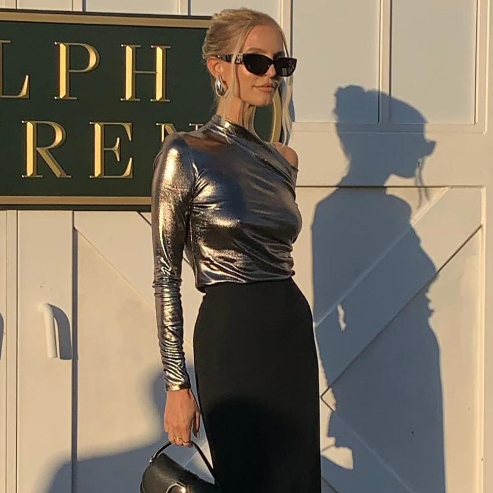 Long sleeve T-shirt for women with an asymmetrical cut and shiny finish Lune London
