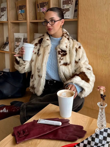 Trendy short jacket for women in faux fur with unique animal print Amarae