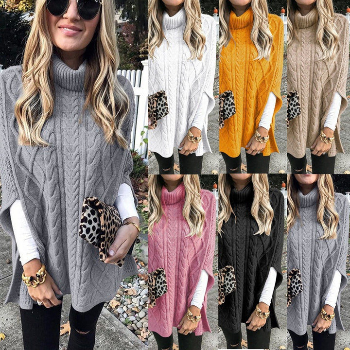 Knit poncho for women with high collar and decorative braided pattern Lune London