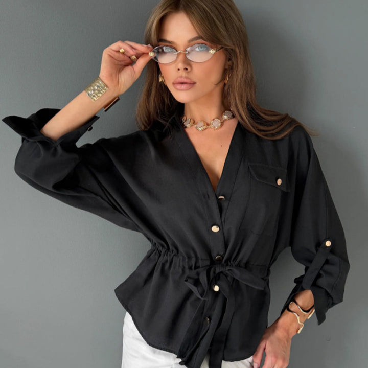 Women Tailored Shirt Blouse with Drawstring, V-Neck and Gold Buttons Amarae