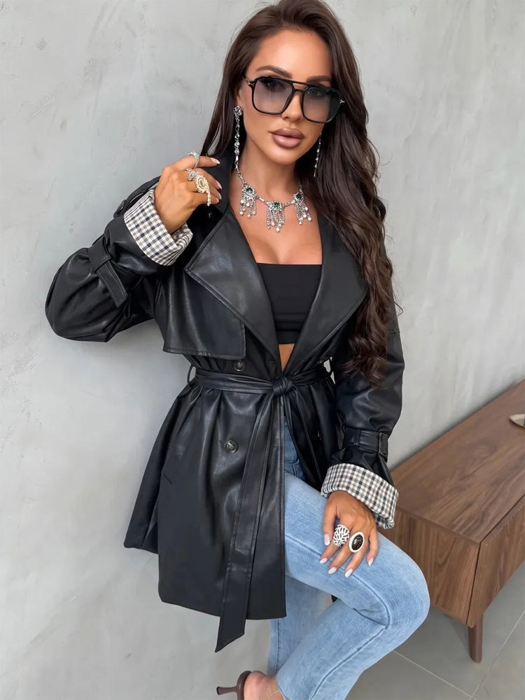 Women's Short Faux Leather Trench Coat with Belted Waist and Check Cuff Flaps Amarae