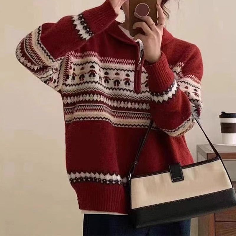 Pull chunky en tricot pour femmes avec col haut et motif norvégien décoratif Chic & Stil