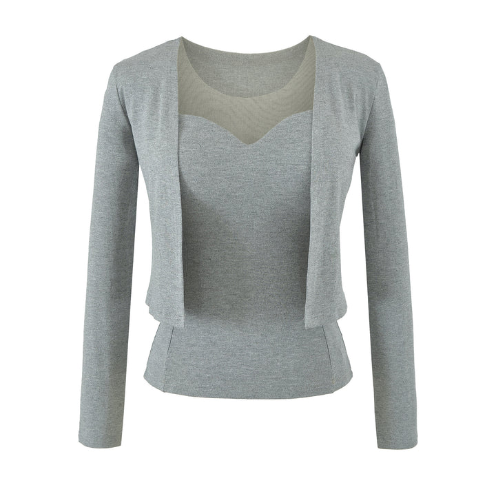 Ladies Two-Piece Fine Knit Top Set with Mesh Insert and Open Cardigan Amarae