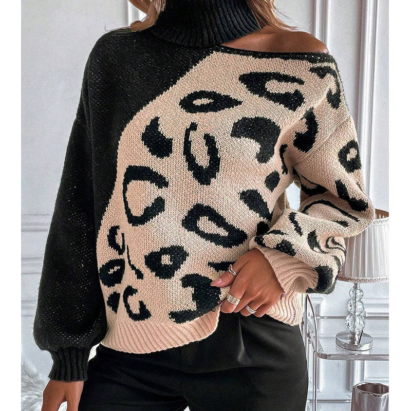 Pull en tricot pour femmes avec un motif léopard à la mode et un col haut Chic & Stil