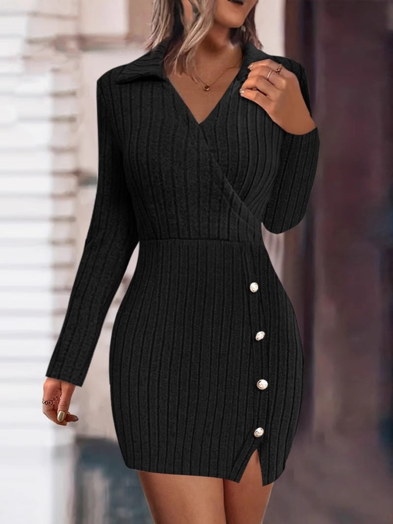 Knit dress for women with V-neckline and button details Lune London