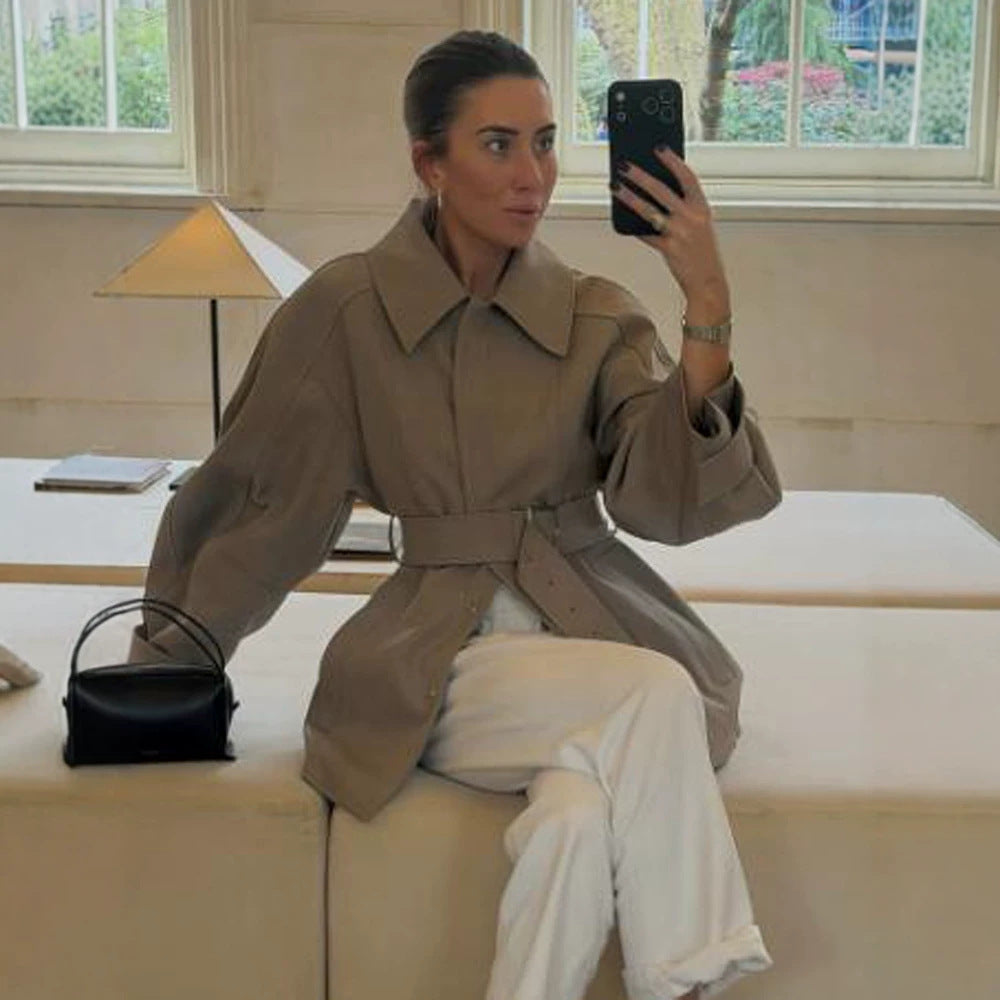 Women's Short Trench Coat with Waist Belt, Dropped Shoulder and Voluminous Balloon Sleeves Amarae