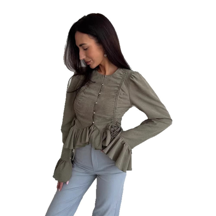 Women's Ruffled Fitted Blouse with Peplum & Puff Sleeves Amarae