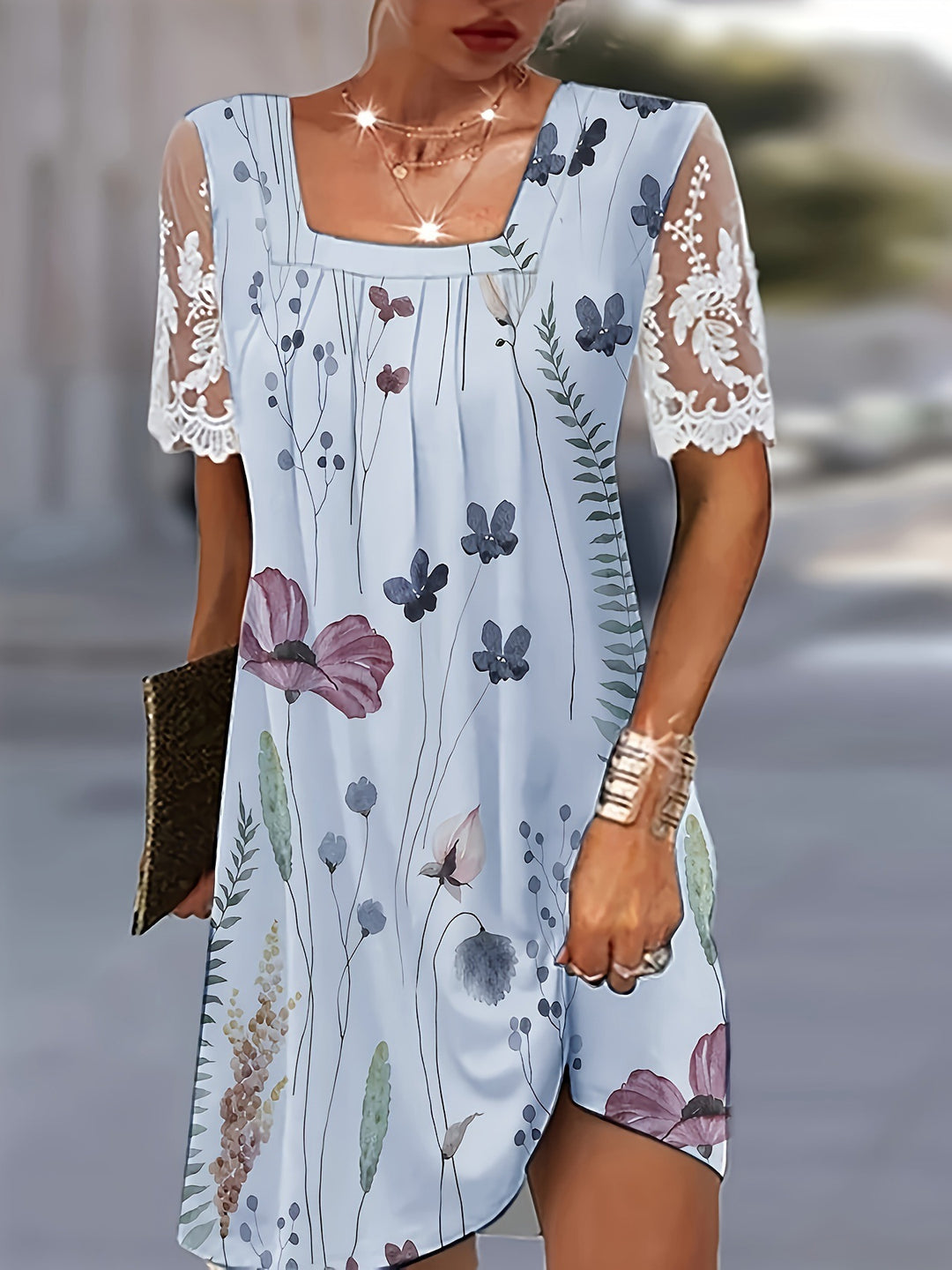 Floral print tunic dress for women with lace sleeves Lune London