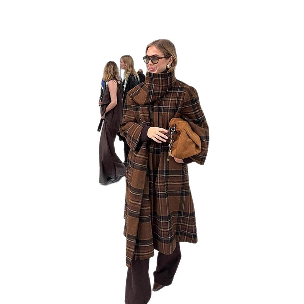 Ladies long coat in check look made of wool mix with oversized stand-up collar and bell sleeves Amarae