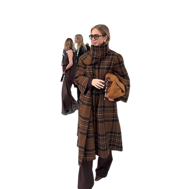 Ladies long coat in check look made of wool mix with oversized stand-up collar and bell sleeves Amarae