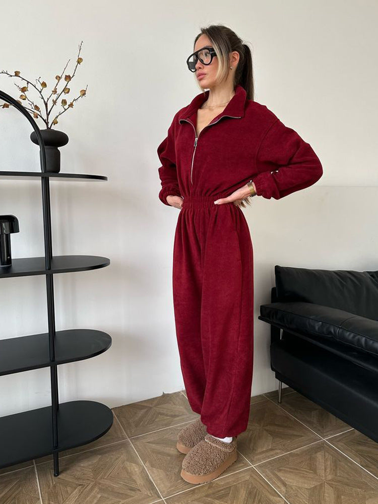 Ladies fashionable fleece jumpsuit with high collar and elastic waist Lune London