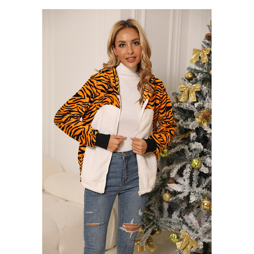 Women's plush coat with tiger design, high collar and side pockets