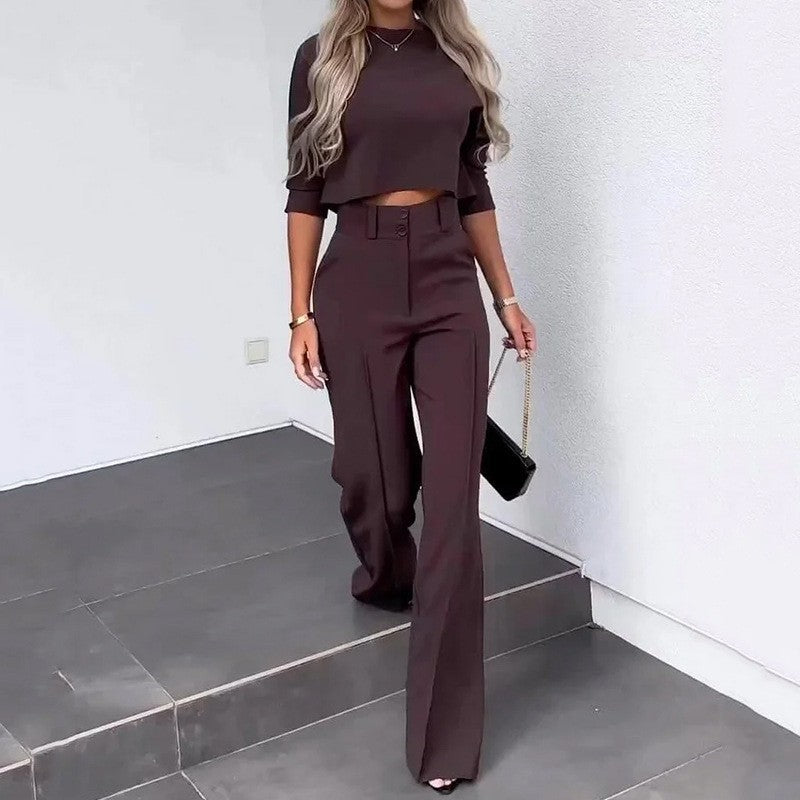 Woman trendy cropped top with elegant palazzo pants Lune London