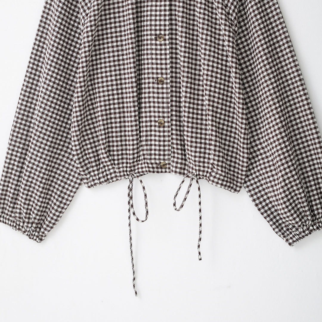 Women’s check blouse with stand-up collar, button closure and drawstring hem Amarae