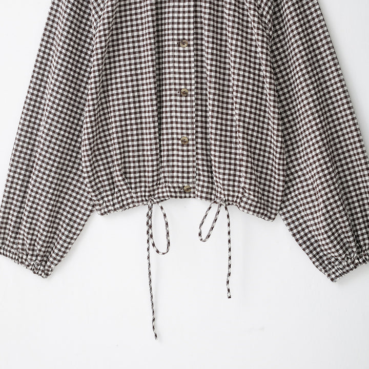 Women’s check blouse with stand-up collar, button closure and drawstring hem Amarae