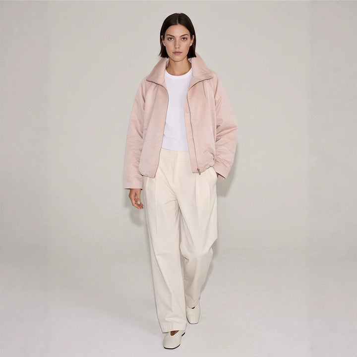 Women's light transitional jacket with high stand-up collar, raglan sleeves, and ballooned hem Amarae