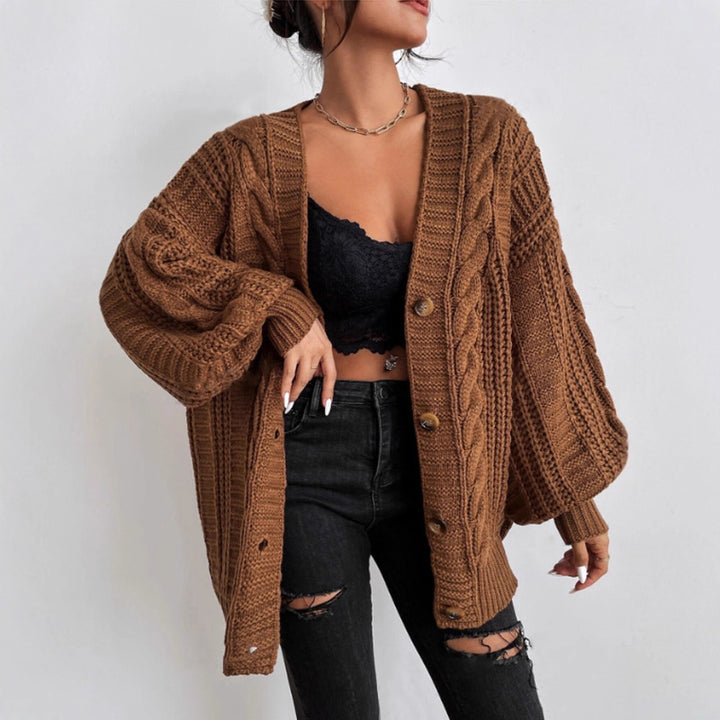Ladies chunky knit cardigan with wide sleeves and button details Lune London