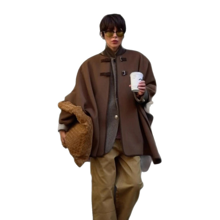 Women's Oversize Cape Coat made of wool blend with high stand-up collar and leather tabs Amarae