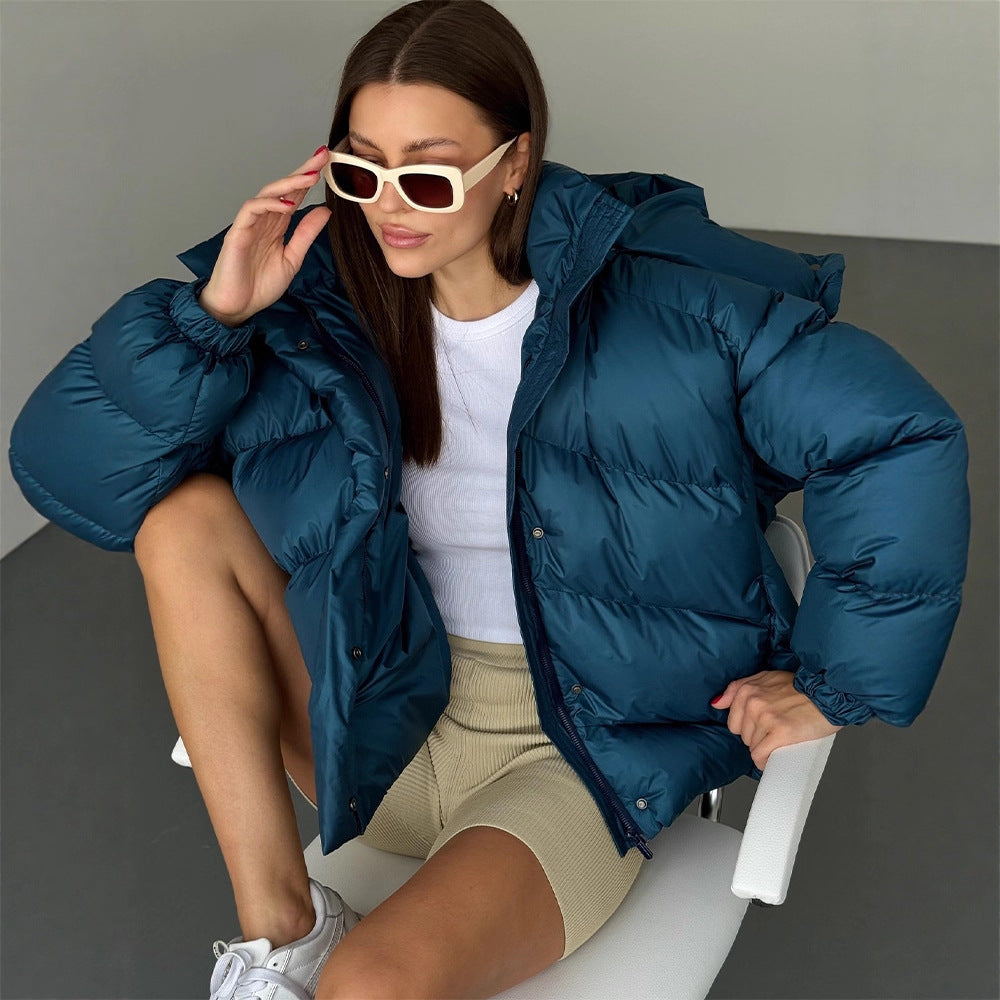 Ladies short puffer jacket with thermal filling, oversized hood & concealed two-way zipper Amarae