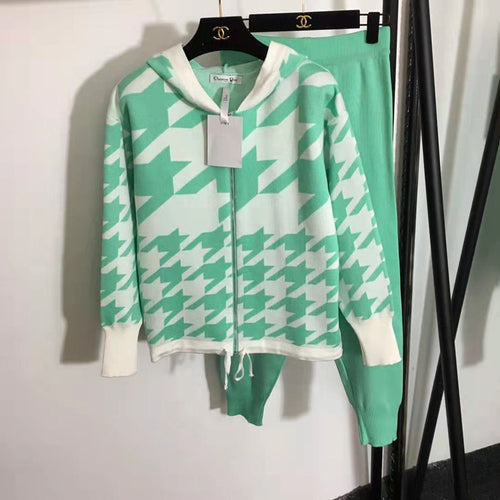 Trendy knit lounge set for women with eye-catching houndstooth pattern Amarae