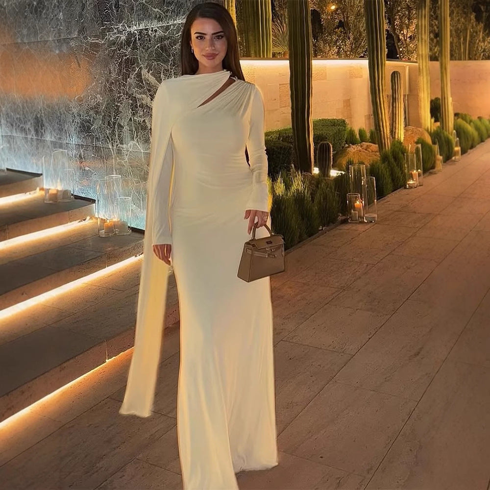Women's Tailored Maxi Dress with Asymmetric Cape and High Collar Amarae