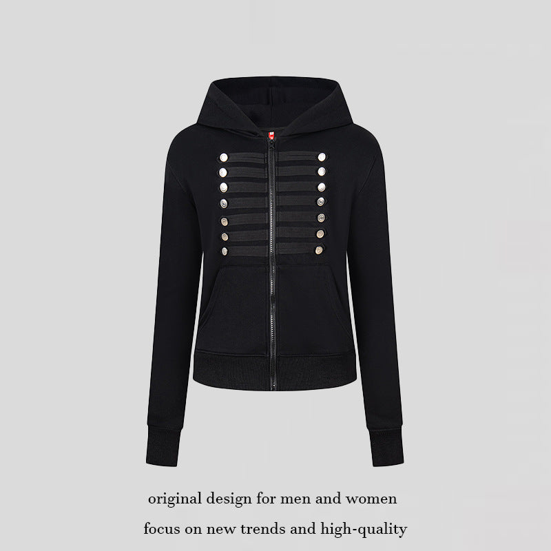 Women's hooded sweatshirt jacket with decorative military braid trim and decorative buttons Amarae