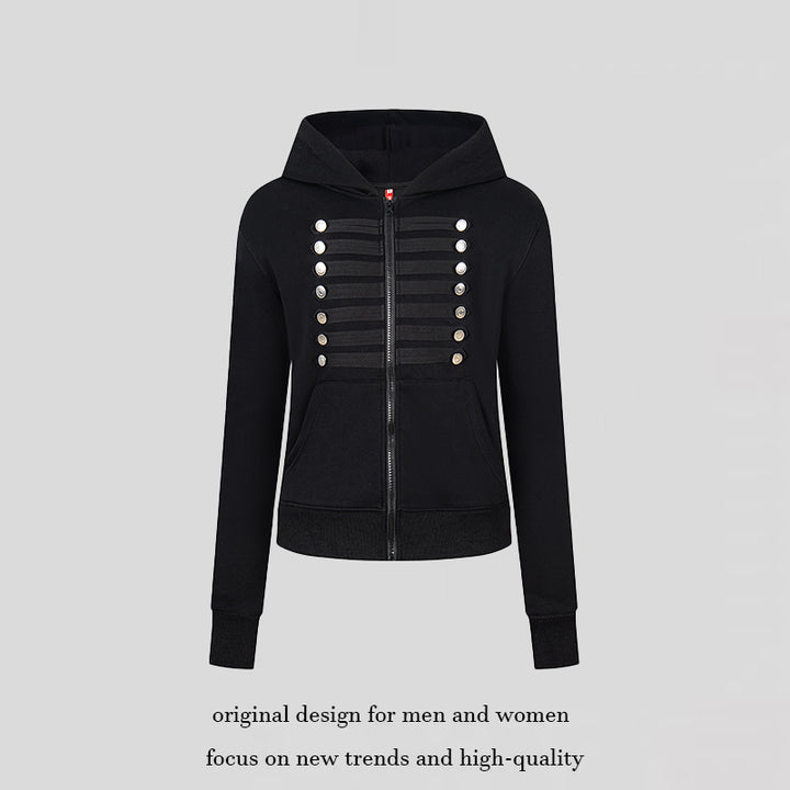 Women's hooded sweatshirt jacket with decorative military braid trim and decorative buttons Amarae