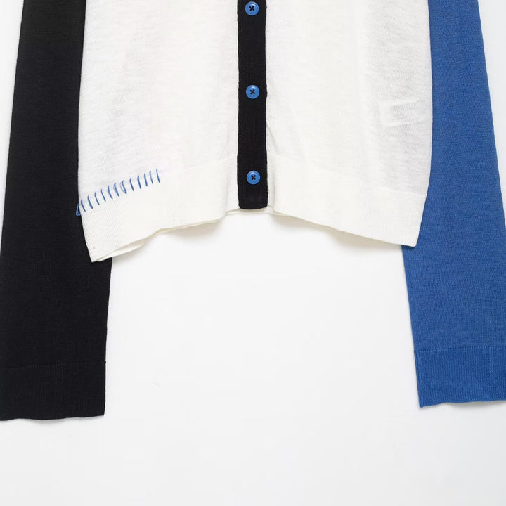 Fashion knit jacket for women with contrasting color sleeves and button closure Lune London