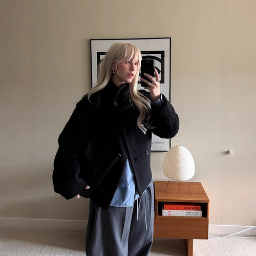 Ladies cozy wool jacket with high collar and button details Amarae