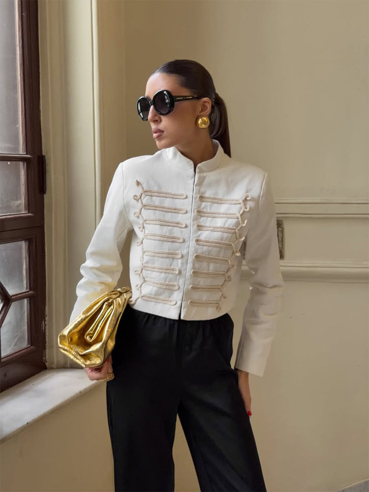 Women Cropped Military Blazer with Stand Collar and Decorative Cord Decoration Amarae