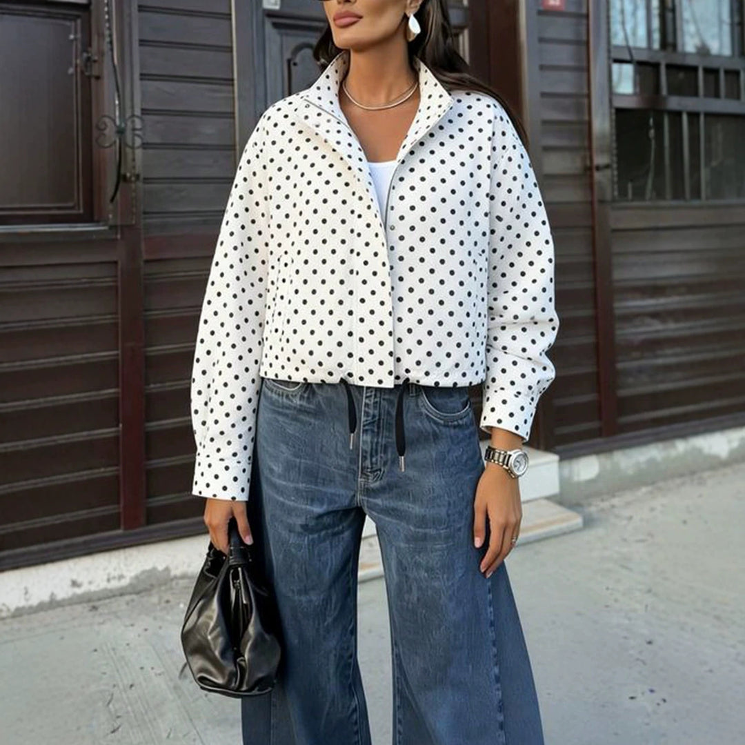 Women Polka Dot Blouse with Stand-up Collar and Balloon Sleeves Amarae